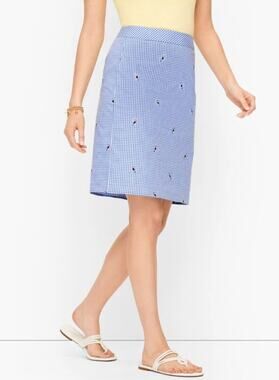 Talbots Womens 4 Petite Blue White Gingham Cotton Embroidered Toucan Mini Skirt